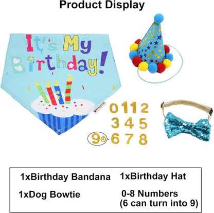 Dog Birthday Bandana Scarf and Dog Girl Boy Birthday Party Hat with Cute Dog Bow Tie Collar for Small Medium Dog Pet