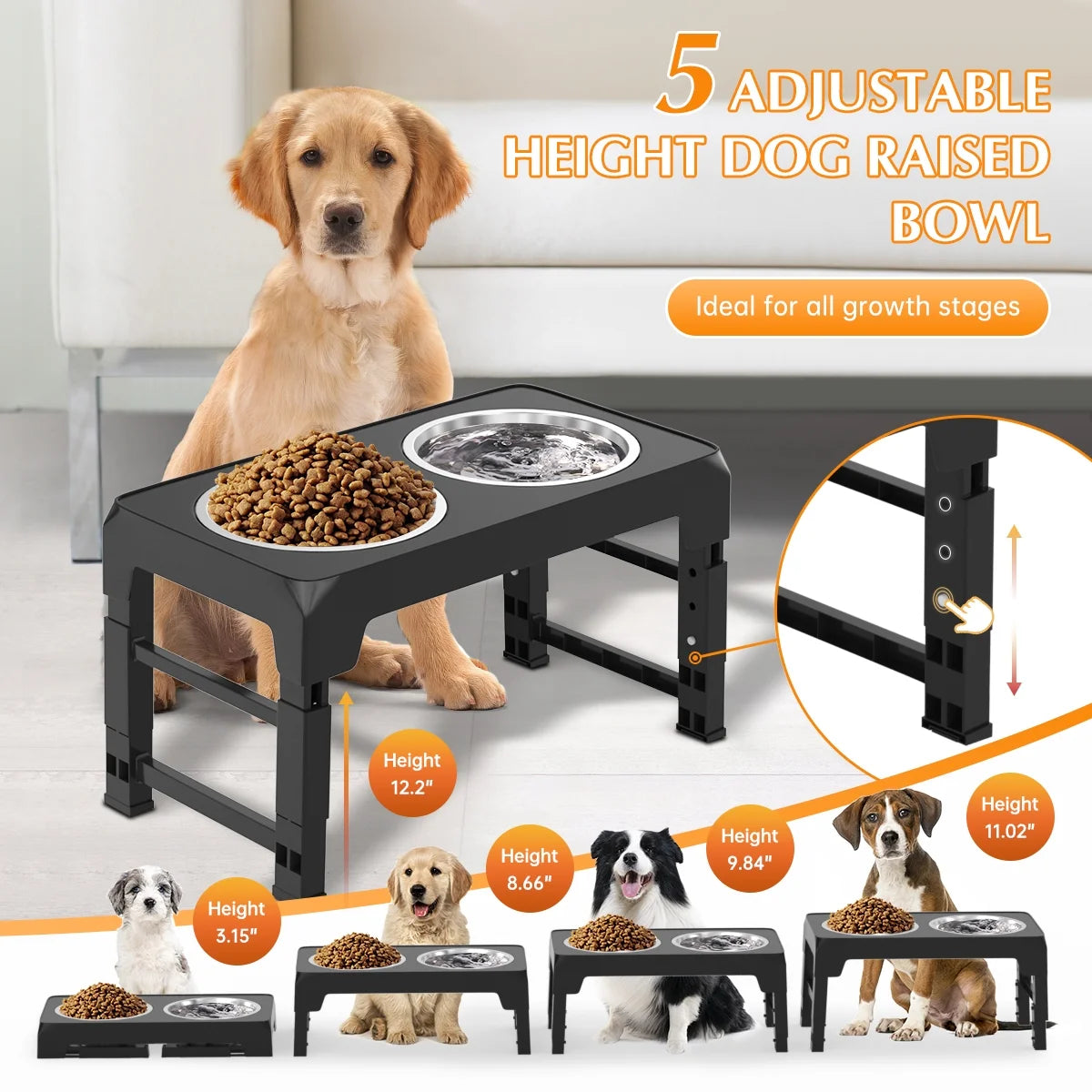 Elevated Dog Bowls, Raised Slow Feeder Dog Bowls with No Spill Dog Water Bowl Dispenser, 5 Heights Adjustable Raised Dog Bowls Stand for Small Medium Large Dogs Cats & Pets, Non-Slip Dog Feeder