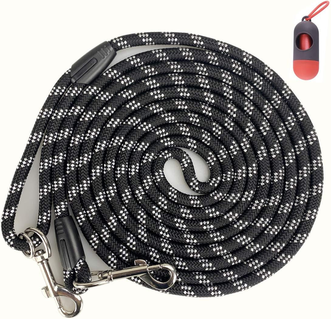 Long Rope Dog Leash for Dog Training 12FT 20FT 30FT 50FT, Reflective Threads Dog Leashes Tie-Out Check Cord Recall Training Agility Lead for Large Medium Small Dogs (10Mm*12Ft, Black)