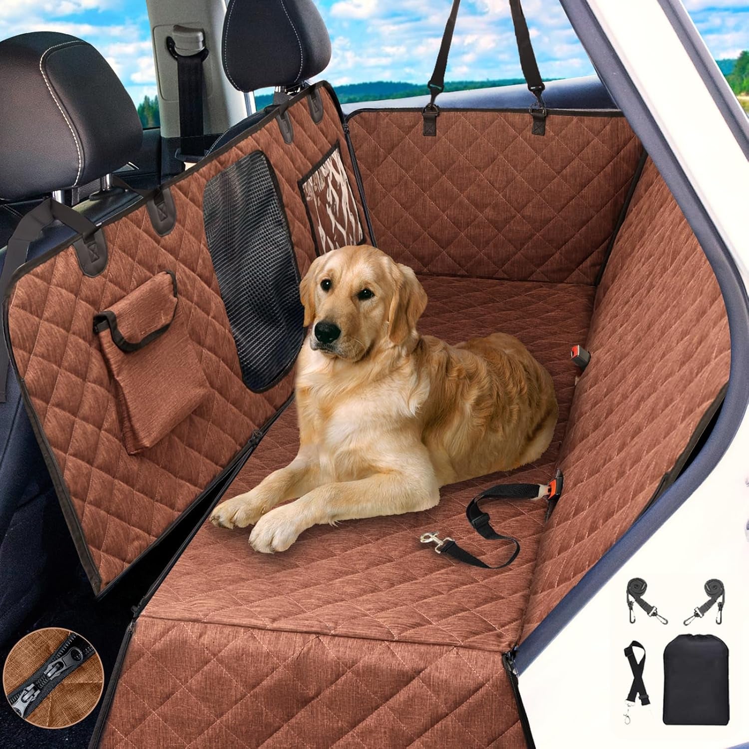 Car Dog Cover Back Seat - Car Hammock for Dogs Waterproof - Dog Car Seat Cover for Back Seat with Mesh Window Big Pocket for Car/Truck/Suv Nonslip Rubber Back Washable Luxury Material